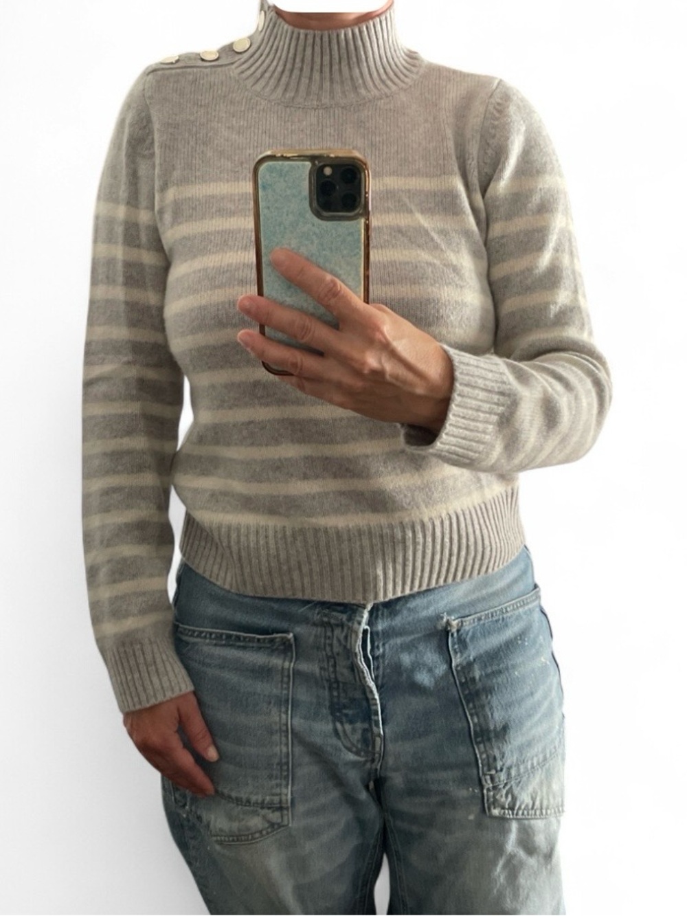 FROM FUTURE Grey & White Striped Cashmere Pullover Sweater Mock Neck Button sz S